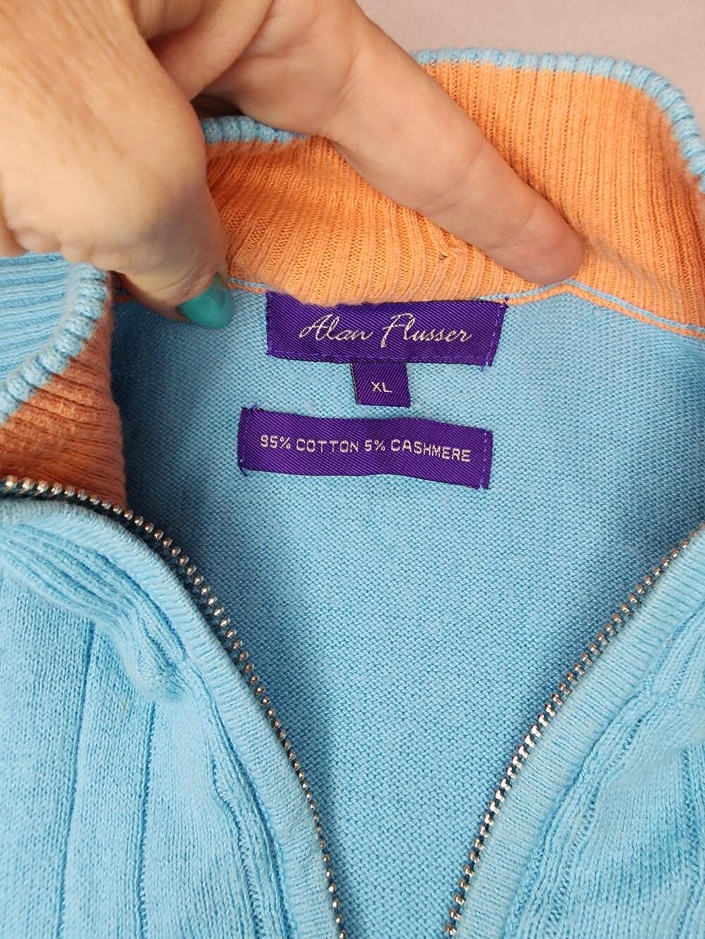Alan Flusser Quarter Zip Sweater Mens XL Light Blue Cotton Cashmere Ribbed
